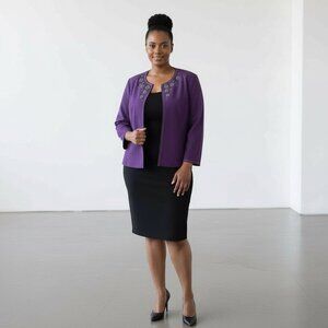 Dressbarn Purple Faux Suede Jacket With Beaded Floral Accents Open Front Womens